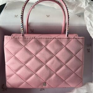 Amina Betty Quilted Satin Top Handle Bag::NWT::Baby Pink Candy Rainbow Crystals